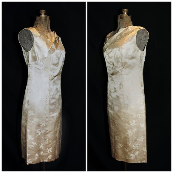 VTG Ivory Satin FloralPrint Cheongsam Sheath Dress - Picture 6 of 13